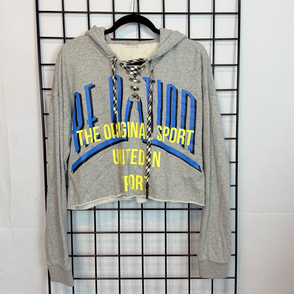 PE Nation Rocket Shot Pullover Hoodie Womens Medium Gray Lace Up Cropped Sporty